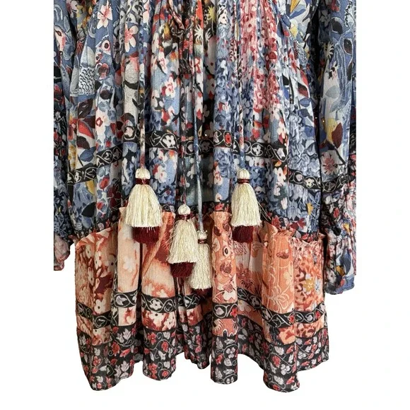 NEW Hemant & Nandita Blue Floral Mini Dress Boho Bohemian Peasant Long Sleeve M - Picture 7 of 15